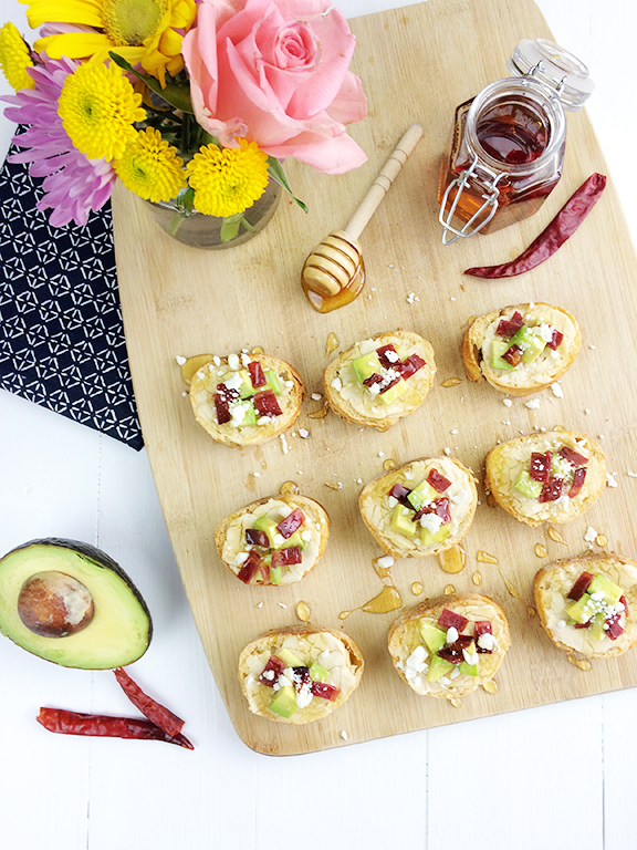 Avocado Bacon Crostini with Chili Infused Honey. Perfect appetizer for a dinner party!