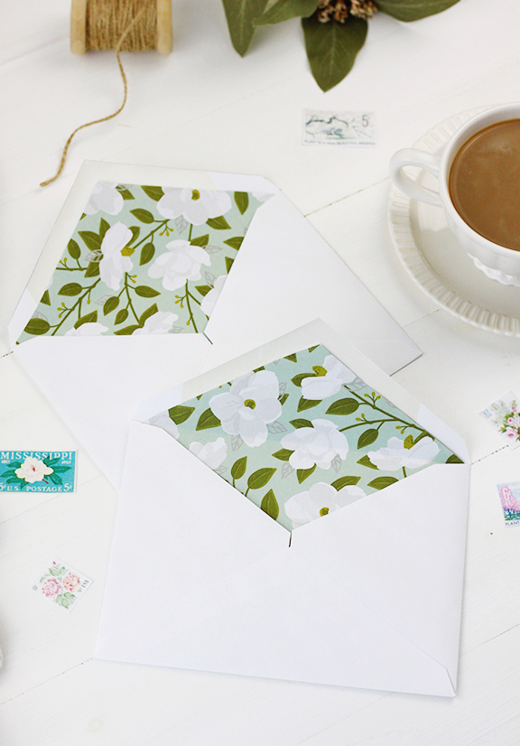 DIY Floral Envelope Liners | Wedding Envelope Liner Inspiration | Green and White Floral Pattern | Baby Shower Invitation Inspiration | Bridal Shower Invitation Inspiration | Envelope Inspiration